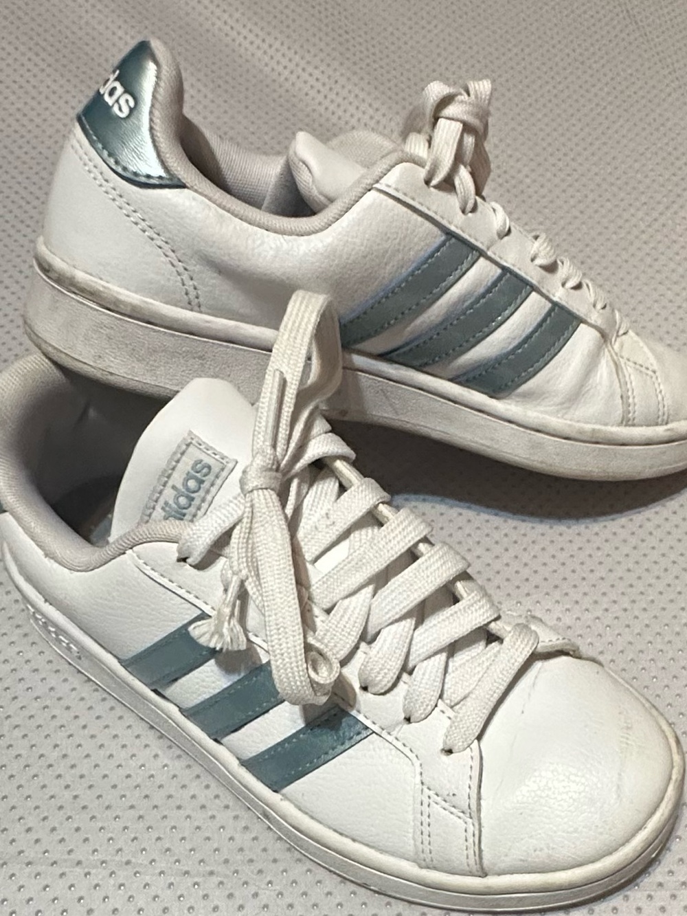 adidas White Sneakers with Light Blue Stripes